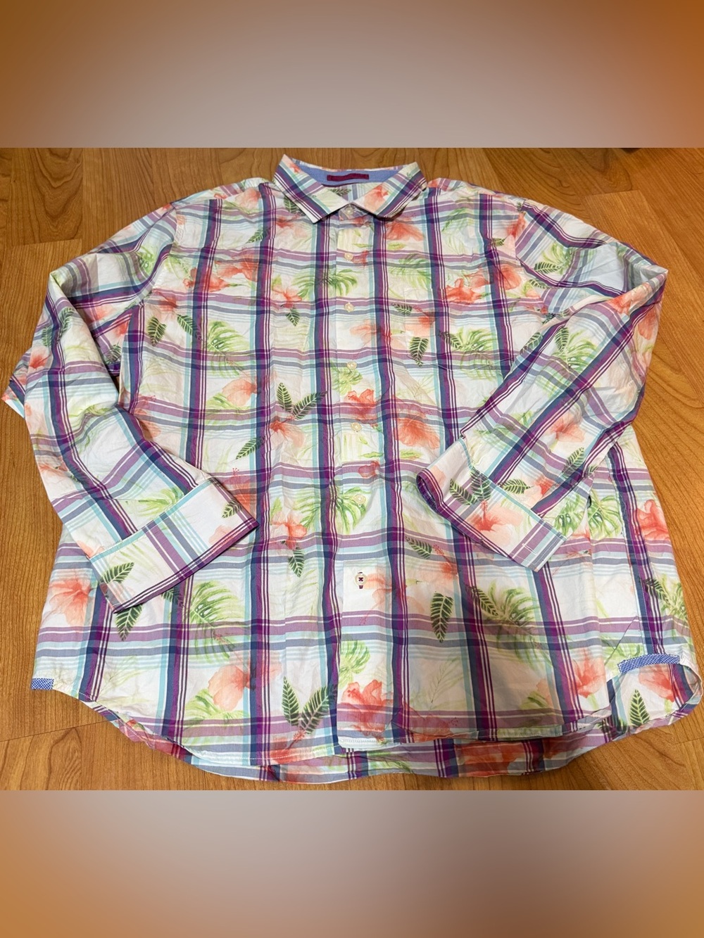 Tommy Bahama Hawaiian Shirt Mens XL Vedado Plaid Pastel Floral Long Sleeve